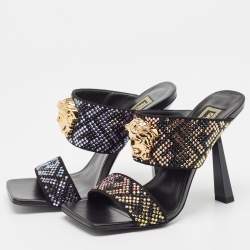Fendi x Versace Fendace Black/Gold Suede Crystal Embellished Slide Sandals Size 36