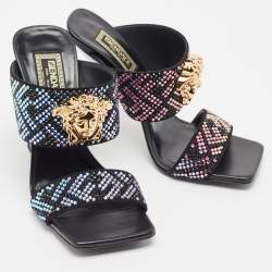 Fendi x Versace Fendace Black/Gold Suede Crystal Embellished Slide Sandals Size 36