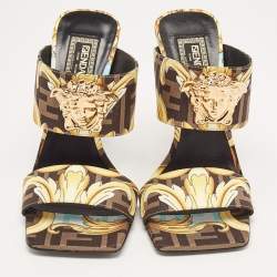 Fendi x Versace Black/Yellow Baroque Fabric Fendace Medusa Slide Sandals Size 36