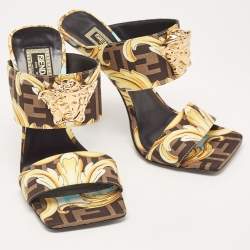 Fendi x Versace Black/Yellow Baroque Fabric Fendace Medusa Slide Sandals Size 36