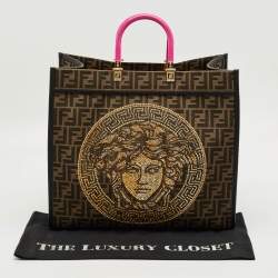 Pre Owned Fendi x Versace Brown/Black Zucca Canvas and Leather Large Sunshine Tote