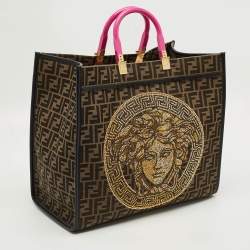 Pre Owned Fendi x Versace Brown/Black Zucca Canvas and Leather Large Sunshine Tote