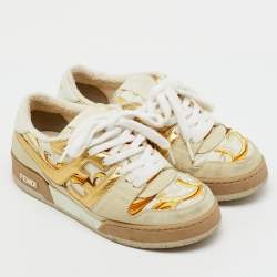 Pre Owned Fendi x Versace Beige/Gold Leather and Suede Match Sneakers Size 36