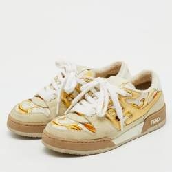 Pre Owned Fendi x Versace Beige/Gold Leather and Suede Match Sneakers Size 36