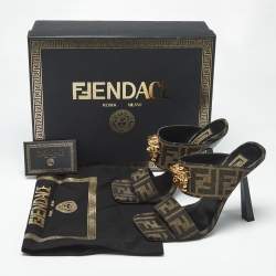 Pre Owned Fendi x Versace Brown Zucca Canvas Medusa Slide Sandals Size 36.5