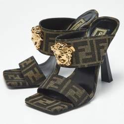 Pre Owned Fendi x Versace Brown Zucca Canvas Medusa Slide Sandals Size 36.5
