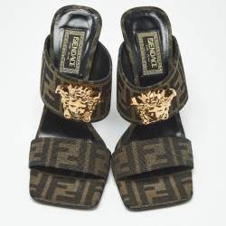 Pre Owned Fendi x Versace Brown Zucca Canvas Medusa Slide Sandals Size 36.5