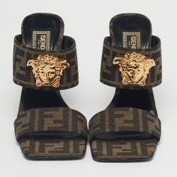 Pre Owned Fendi x Versace Brown Zucca Canvas Medusa Slide Sandals Size 36