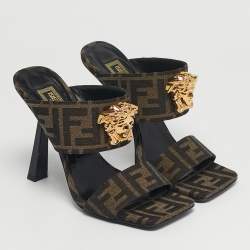 Pre Owned Fendi x Versace Brown Zucca Canvas Medusa Slide Sandals Size 36