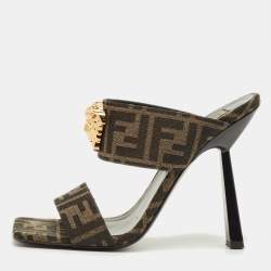 Pre Owned Fendi x Versace Size 40 Brown Zucca Canvas Medusa Slide Sandals 