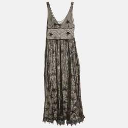 Pre Owned Fleur du Mal Black Star Embroidered Mesh Sheer Midi Dress M