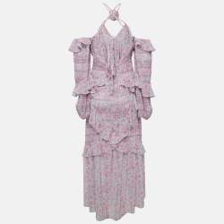 مملوكة مسبقًا For Love & Lemons Pink Floral Print Chiffon Ruffled Rowan Maxi Dress S