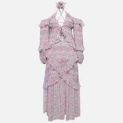 Pre Owned For Love & Lemons Pink Floral Print Chiffon Ruffled Rowan Maxi Dress S