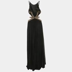 Pre Owned Forever Unique Black Mesh Contrast Gold Trim Detail Maxi Dress M