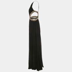 Pre Owned Forever Unique Black Mesh Contrast Gold Trim Detail Maxi Dress M