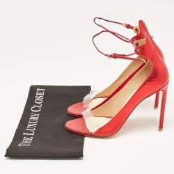 Francesco Russo Red Leather and PVC Open Toe Ankle Strap Pumps Size 38