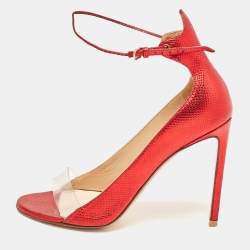 Francesco Russo Red Leather and PVC Open Toe Ankle Strap Pumps Size 38