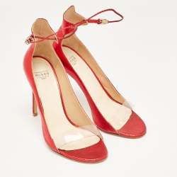 Francesco Russo Red Leather and PVC Open Toe Ankle Strap Pumps Size 38