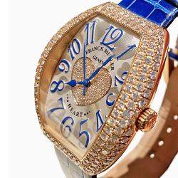 Franck Muller Silver 18K Rose Gold Leather Diamond Pave Heart 5000 H SC D3 1P Women's Wristwatch 39mm