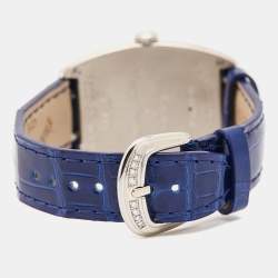 Franck Muller Blue Diamond Pave 18K White Gold Alligator Leather Cintree Curvex 7500 S6 D CD Women's Wristwatch 29 mm