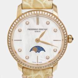 مملوكة مسبقًا Frederique Constant White MOP Slimline Moonphase 18K Gold FC-206MPWD1SD9 Women's Wristwatch 30MM