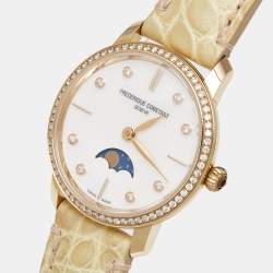 مملوكة مسبقًا Frederique Constant White MOP Slimline Moonphase 18K Gold FC-206MPWD1SD9 Women's Wristwatch 30MM