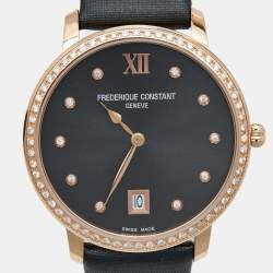 Frederique Constant Grey Rose Gold Plated Stainless Steel Satin Diamond Slim Line Joaillerie FC-220G44SD34 Women's Wristwatch 37 mm