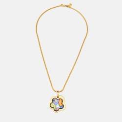 Pre Owned Frey Wille Flower Fire Enamel Gold Tone Pendant Necklace