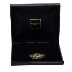 Pre Owned Frey Wille Bird Motif Green Fire Enamel Gold Plated Half Moon Pendant