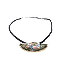 Pre Owned Frey Wille Bird Motif Green Fire Enamel Gold Plated Half Moon Pendant