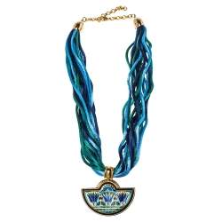 Pre Owned Frey Wille Blue Halfmoon Fire Enamel Pendant Multi Strand Silk Necklace