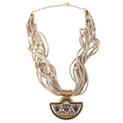 Pre Owned Frey Wille Fire Enamel Gold Plated Multi Strand Silk Cord Halfmoon Pendant Necklace