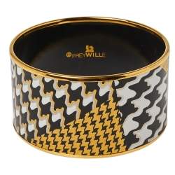 Pre Owned Frey Wille Pepita Rose Monochrome Fire Enamel Diva Bordered Bangle 