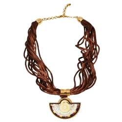 Pre Owned Frey Wille Vintage Sun Motif Brown Fire Enamel Gold Plated Half Moon Pendant Necklace