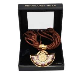 Pre Owned Frey Wille Vintage Sun Motif Brown Fire Enamel Gold Plated Half Moon Pendant Necklace