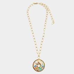 Pre Owned Frey Wille Hommage À Alphonse Mucha Fire Enamel Luna Piena Gold Tone Pendant Necklace