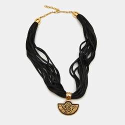 Frey Wille Golf Tone Fire Enamel & Black Fabric Interchangable Chain Pendant Necklace