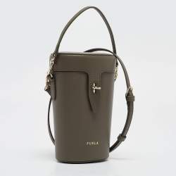Furla Sage Green Leather Mini Net Bucket Bag