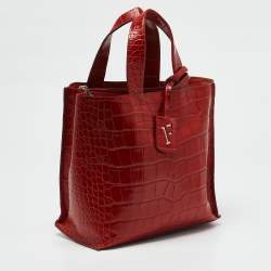 Furla Red Croc Embossed Leather Divide It Tote
