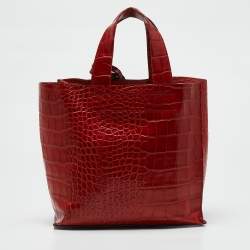 Furla Red Croc Embossed Leather Divide It Tote
