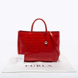 Pre Owned Furla Red Croc Embossed Leather Tote