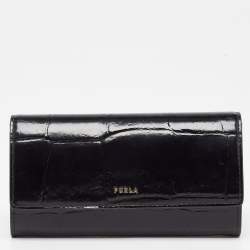 Pre Owned Furla Black Croc Embossed Leather Continental Wallet