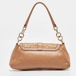 Furla Beige Suede, Ostrich Embossed and Leather Buckle Flap Hobo