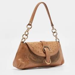Furla Beige Suede, Ostrich Embossed and Leather Buckle Flap Hobo
