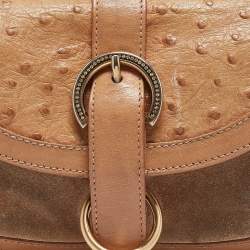 Furla Beige Suede, Ostrich Embossed and Leather Buckle Flap Hobo