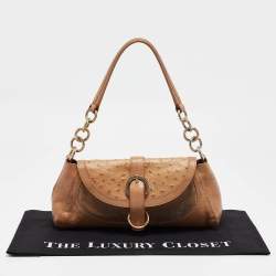 Furla Beige Suede, Ostrich Embossed and Leather Buckle Flap Hobo