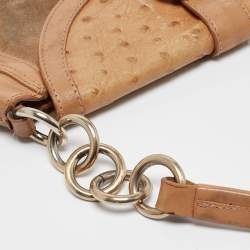 Furla Beige Suede, Ostrich Embossed and Leather Buckle Flap Hobo