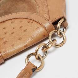 Furla Beige Suede, Ostrich Embossed and Leather Buckle Flap Hobo