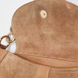 Furla Beige Suede, Ostrich Embossed and Leather Buckle Flap Hobo
