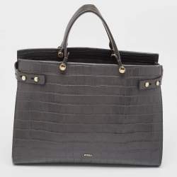 Pre Owned Furla Grey Croc Embossed Leather Lady M Tote